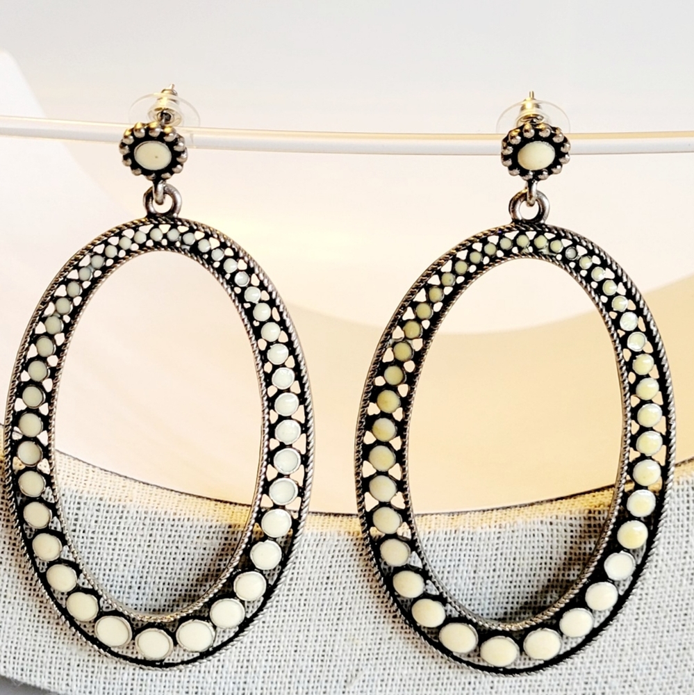 Dangle Earrings, Oval Contemporary Western Ivory Enamel, Silver-tone Post